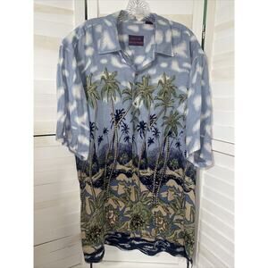 Jack Hollywood Men’s Hawaiian Aloha Shirt Blue Tropical Palms 100% Rayon X-Large